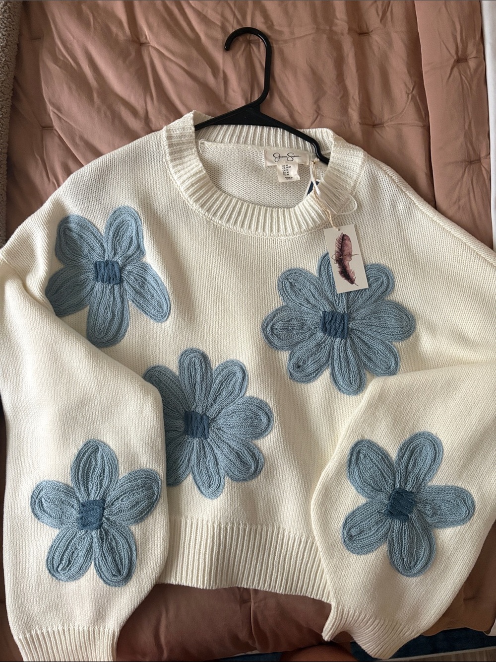Jessica Simpson Cream Crewneck Sweater with Blue Floral Appliqués